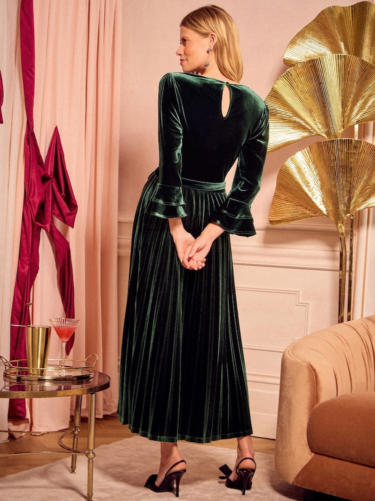 Love & Roses Green Velvet Flute Sleeve Midi Dress - Image 2 of 4