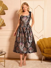 Love & Roses Multi Jacquard Velvet Bow Midi Dress - Image 1 of 4