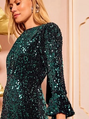 Love & Roses Green Sequin Flute Sleeve Midi Dress - Image 2 of 5