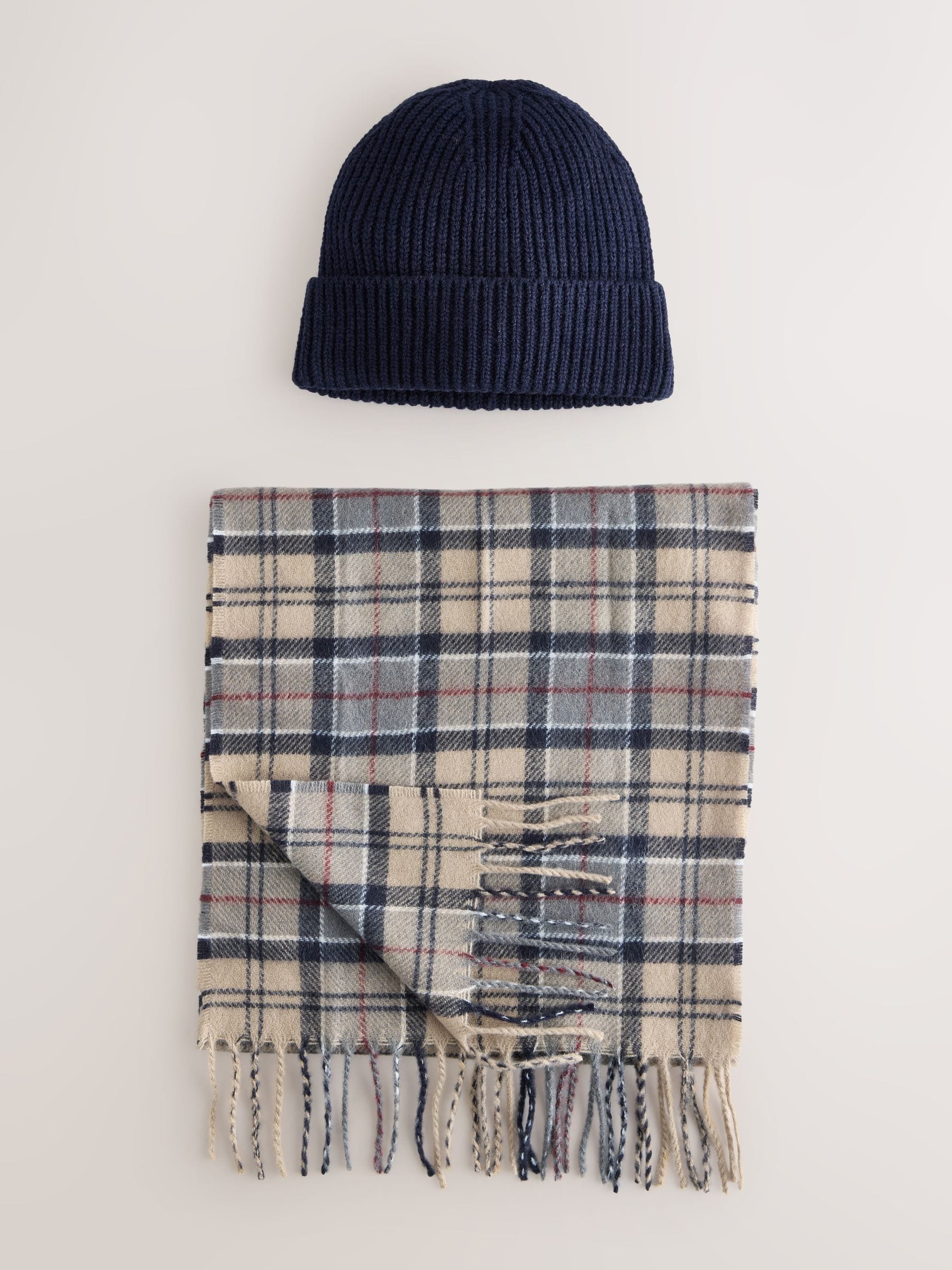 Buy Navy Blue / Blue Check Scarf And Beanie Set from Next China