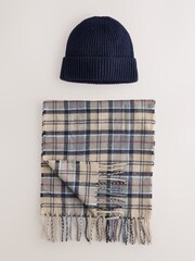 Navy Blue / Blue Check Scarf And Beanie Set - Image 1 of 3