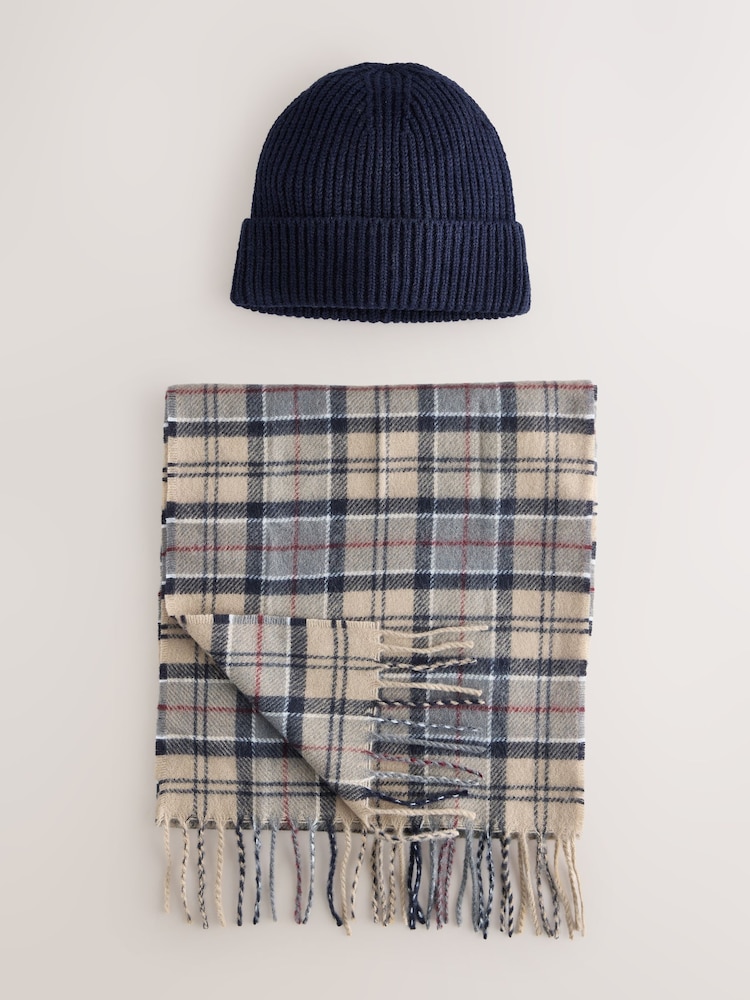 Navy Blue / Blue Check Scarf And Beanie Set - Image 1 of 3