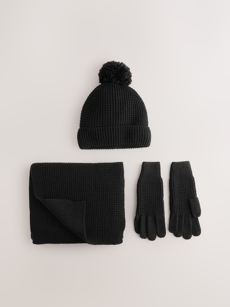 Schwarz - Bobble Hat, Scarf And Gloves Set 3 Piece - Bild 1 von 4