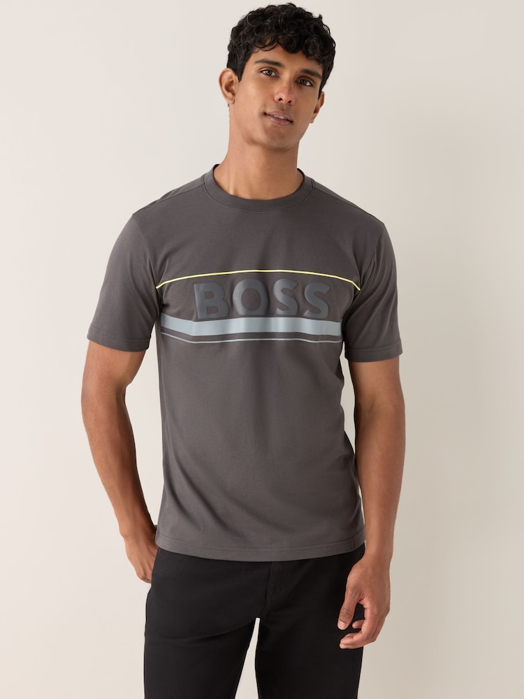 BOSS Grey Embossed Logo Stripe Detail T-Shirt - Image 1 of 5 BOSS Grey Embossed Logo Stripe Detail T-Shirt - Image 1 of 5