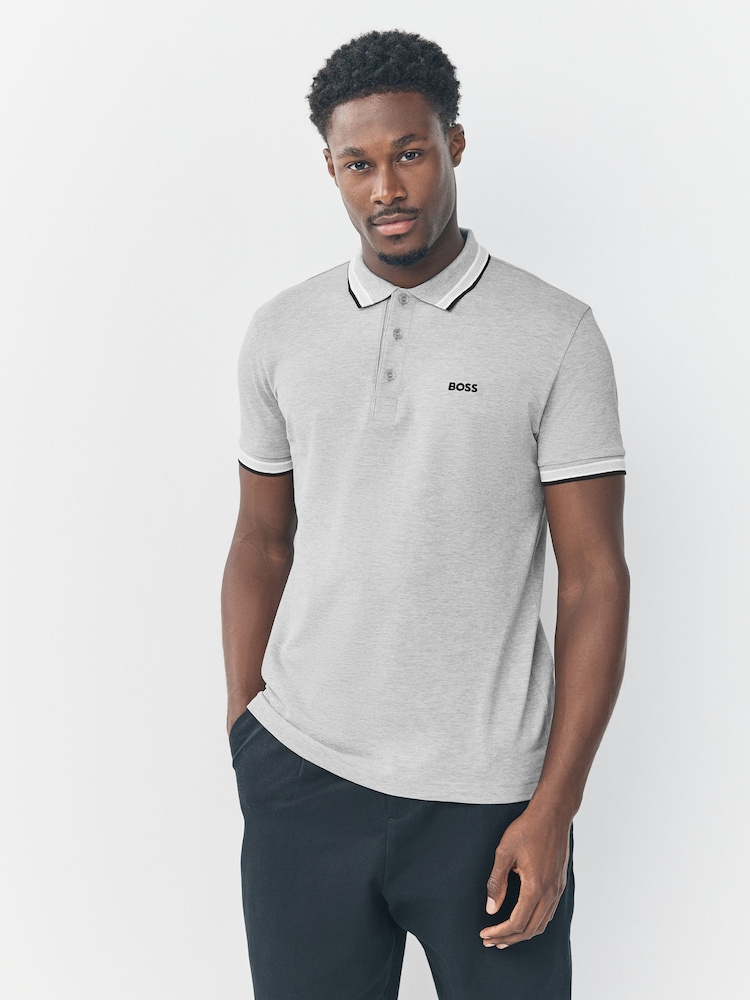 BOSS Silver Regular Fit Paddy Tipped Collar Polo Shirt - Image 1 of 6 BOSS Silver Regular Fit Paddy Tipped Collar Polo Shirt - Image 1 of 6
