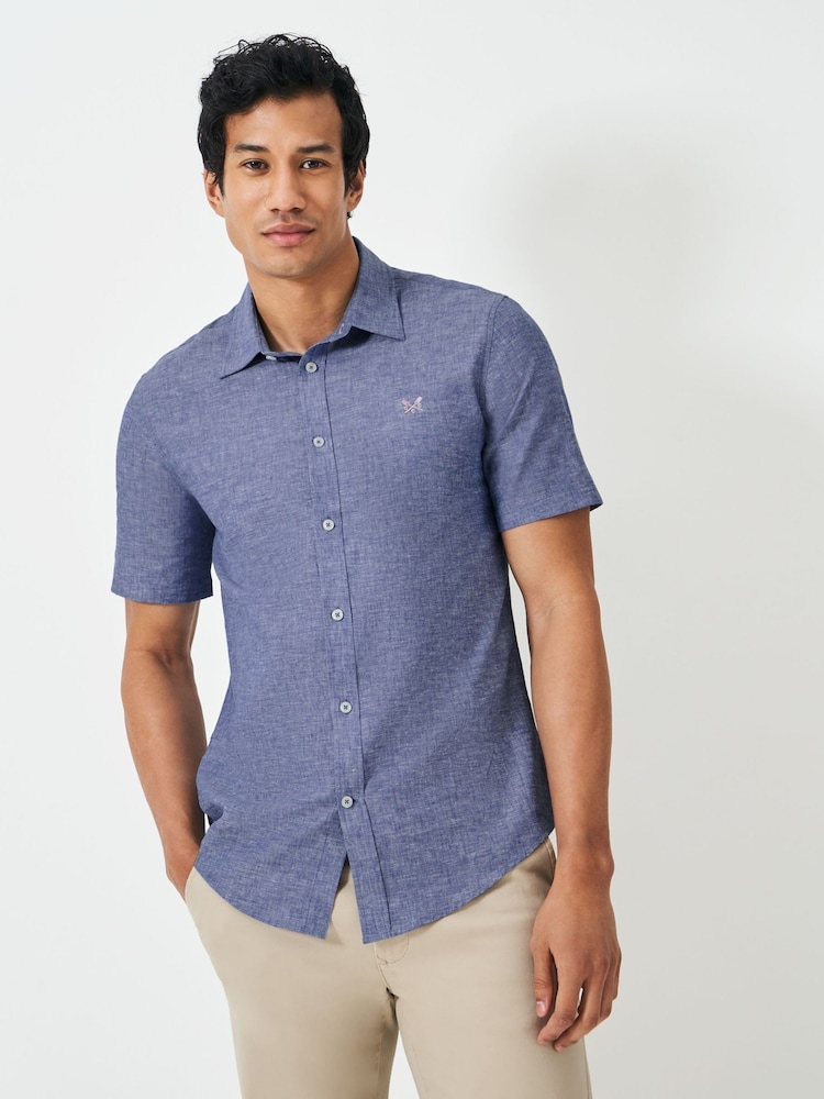 Crew Clothing Blue Short Sleeve Linen Shirt - Image 1 of 5
