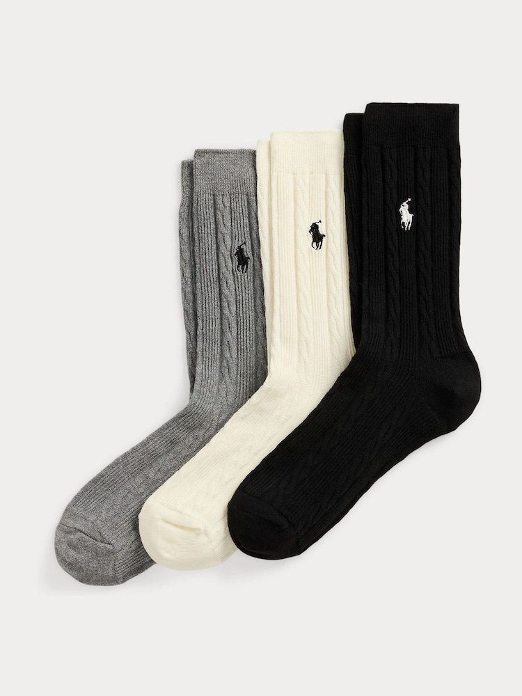 Polo Ralph Lauren Black Cable Crew Socks 3 Pack - Image 1 of 1 Polo Ralph Lauren Black Cable Crew Socks 3 Pack - Image 1 of 1
