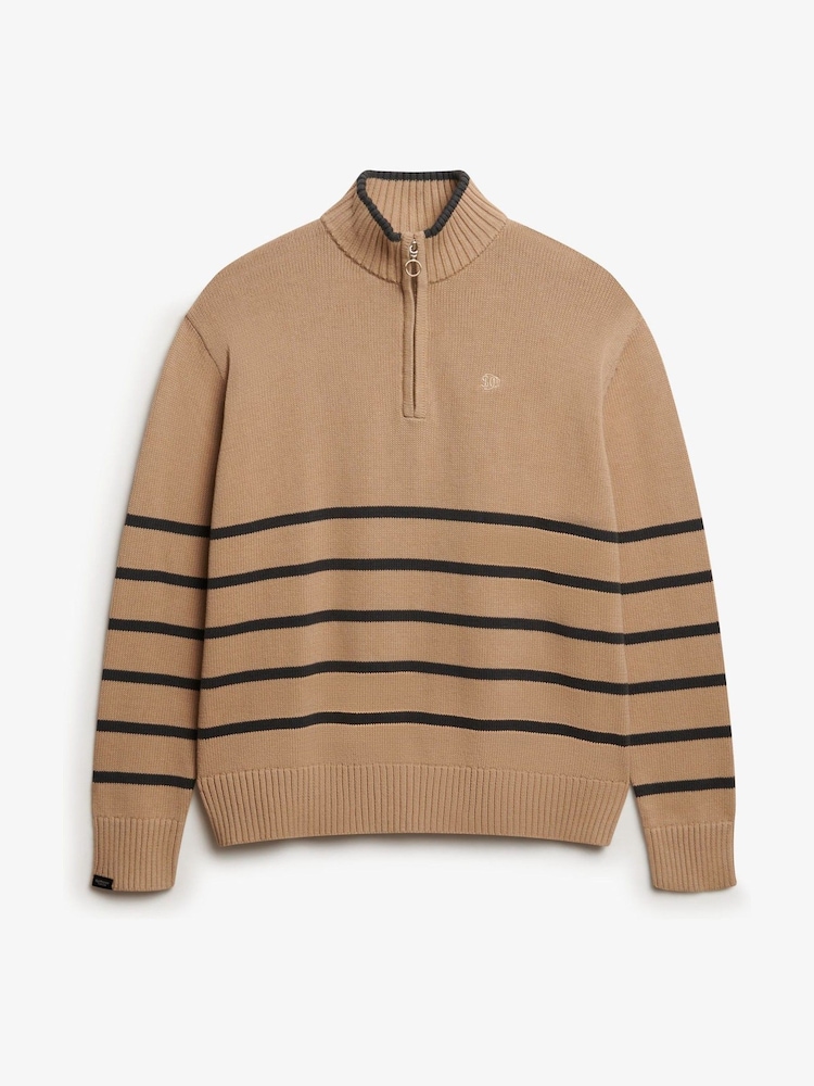 Superdry Brown Knitted Half Zip Jumper - Image 1 of 2 Superdry Brown Knitted Half Zip Jumper - Image 1 of 2