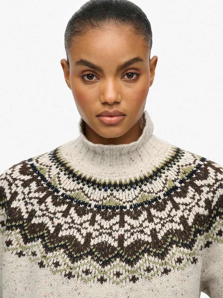 Superdry Cream Fairisle Pattern High Neck Jumper - Image 1 of 5