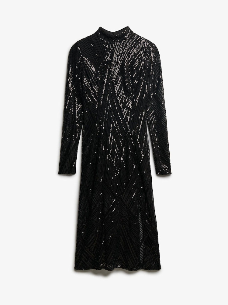 Superdry Black Open Back Long Sleeve Midi Dress - Image 1 of 2