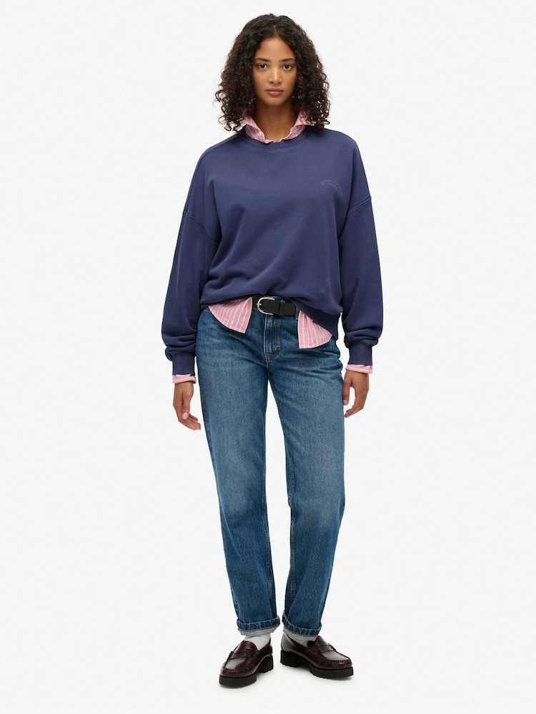 Superdry Blue Essential Logo Garment Dyed Crew Sweatshirt - Image 2 of 6 Superdry Blue Essential Logo Garment Dyed Crew Sweatshirt - Image 2 of 6
