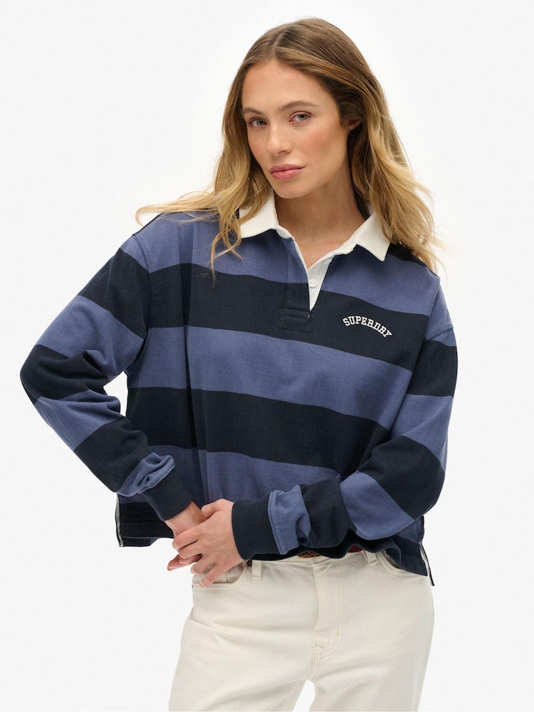 Superdry Blue Athletic Essentials Stripe Rugby Top - Image 1 of 6 Superdry Blue Athletic Essentials Stripe Rugby Top - Image 1 of 6