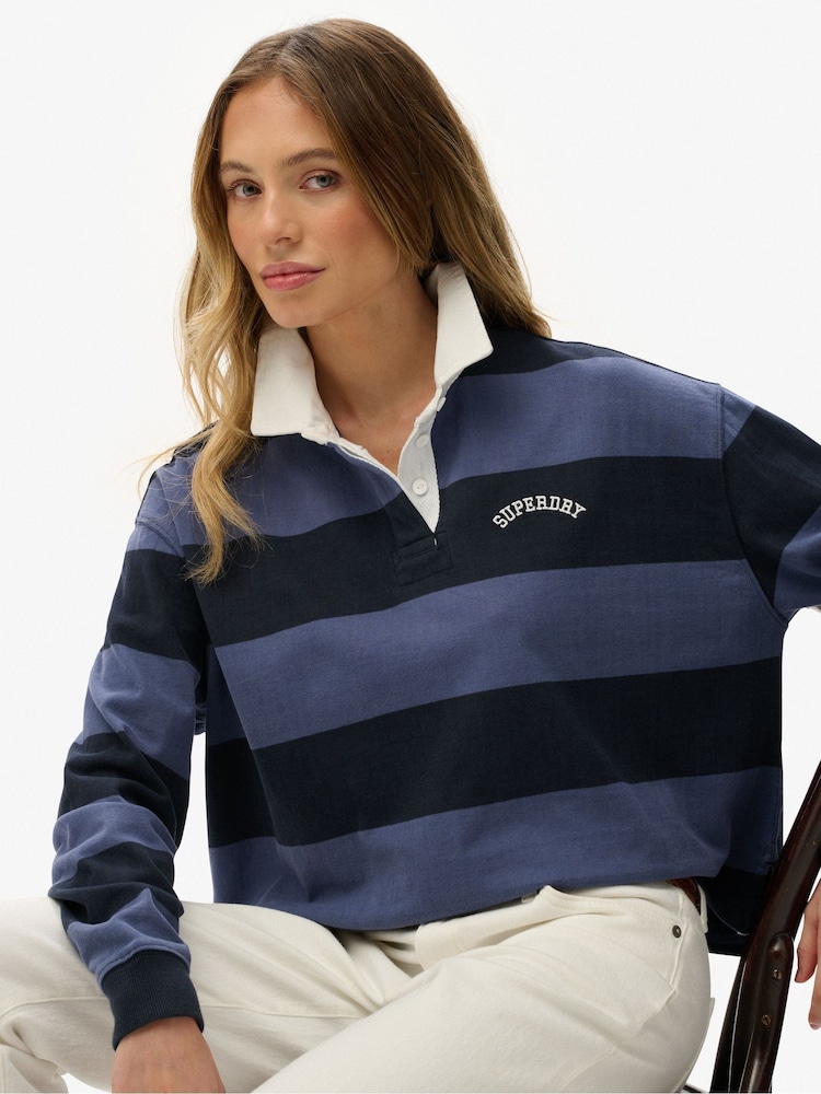 Superdry Blue Athletic Essentials Stripe Rugby Top - Image 2 of 6