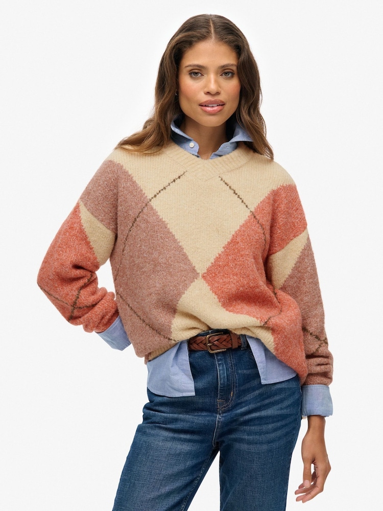 Superdry Cream Oversized Argyle V-Neck Jumper - Image 1 of 6 Superdry Cream Oversized Argyle V-Neck Jumper - Image 1 of 6