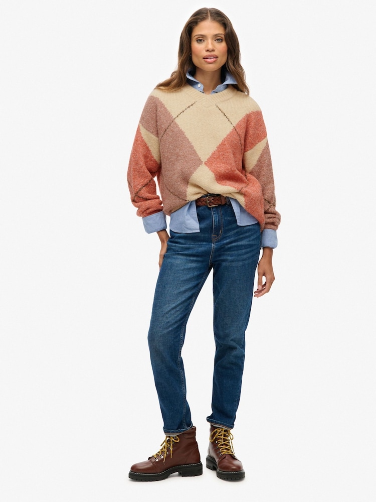Superdry Cream Oversized Argyle V-Neck Jumper - Image 2 of 6 Superdry Cream Oversized Argyle V-Neck Jumper - Image 2 of 6