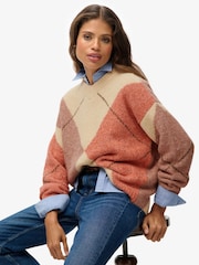 Superdry Cream Oversized Argyle V-Neck Jumper - Image 3 of 6