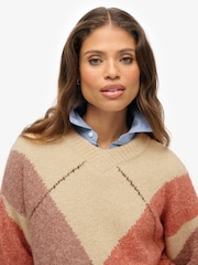 Superdry Cream Oversized Argyle V-Neck Jumper - Image 4 of 6