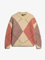 Superdry Cream Oversized Argyle V-Neck Jumper - Image 5 of 6