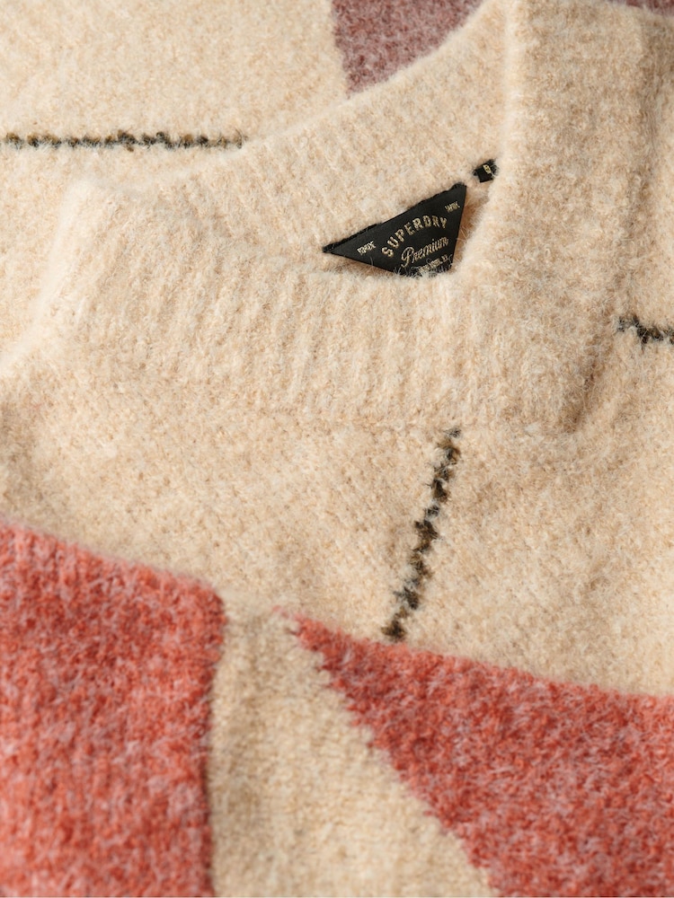 Superdry Cream Oversized Argyle V-Neck Jumper - Image 6 of 6 Superdry Cream Oversized Argyle V-Neck Jumper - Image 6 of 6