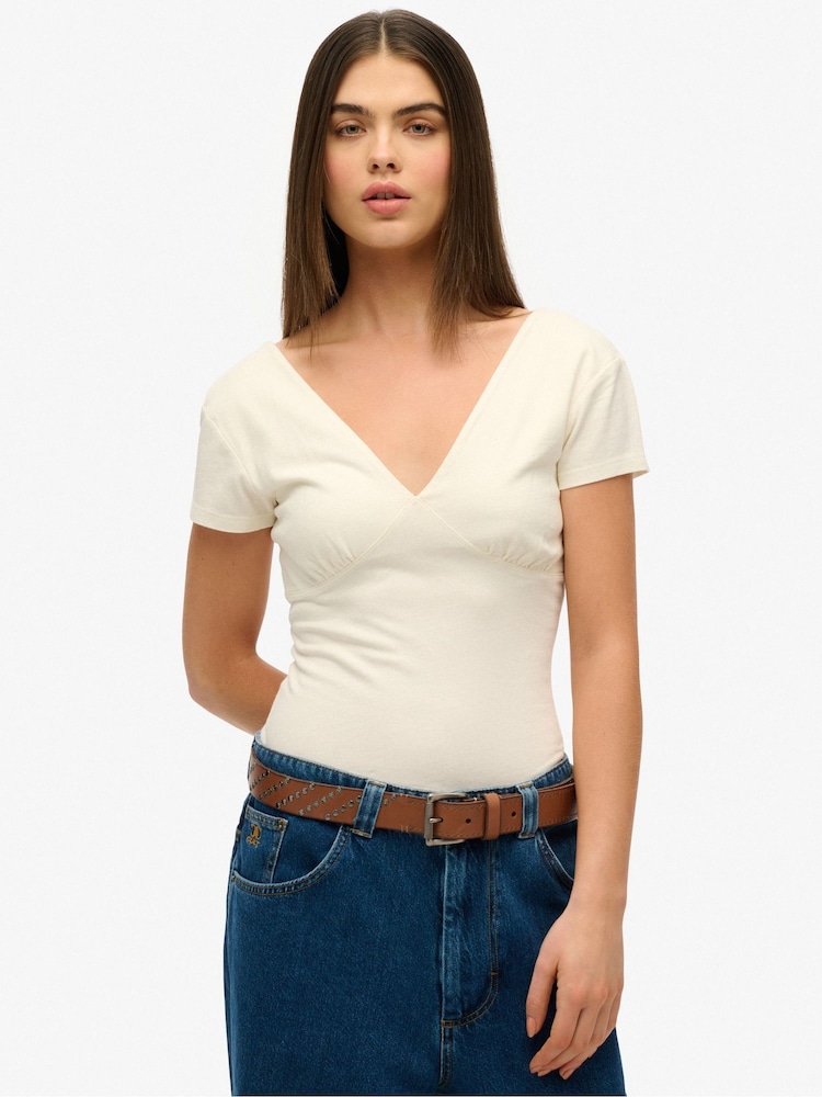 Superdry Cream Cap Sleeve Corset Top - Image 1 of 5 Superdry Cream Cap Sleeve Corset Top - Image 1 of 5