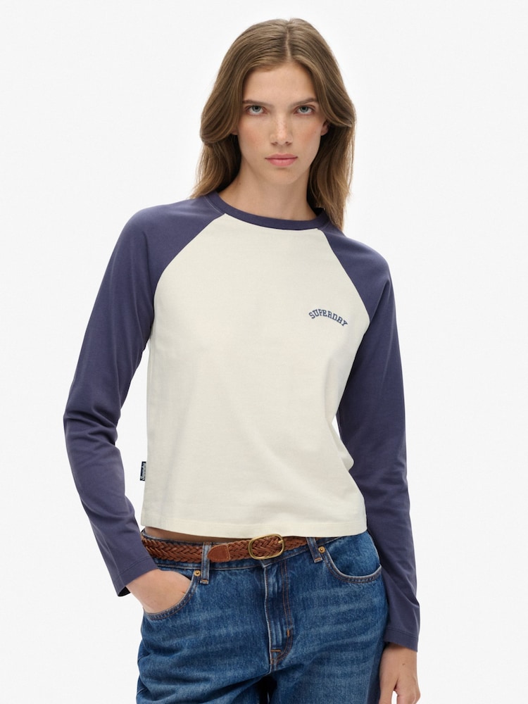 Superdry Mariner Navy/Desert Bone OW Essential Logo Long Sleeve Baseball Top - Image 1 of 5