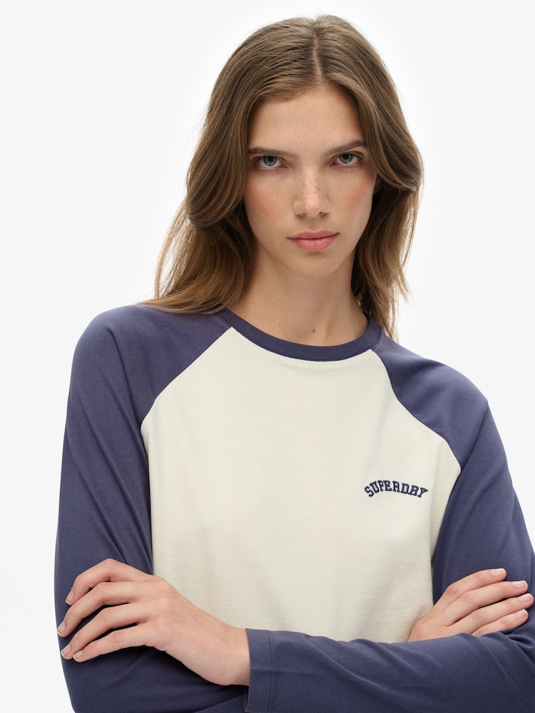 Superdry Mariner Navy/Desert Bone OW Essential Logo Long Sleeve Baseball Top - Image 2 of 5