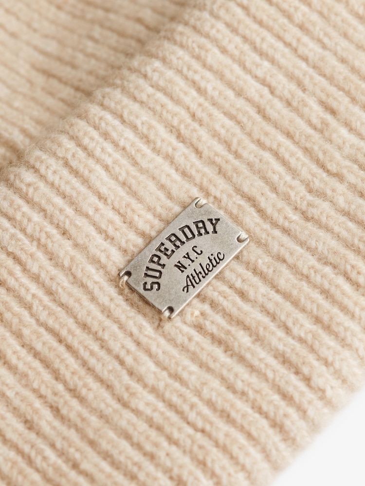 Superdry Brown Rib Knitted Beanie Hat - Image 2 of 2 Superdry Brown Rib Knitted Beanie Hat - Image 2 of 2