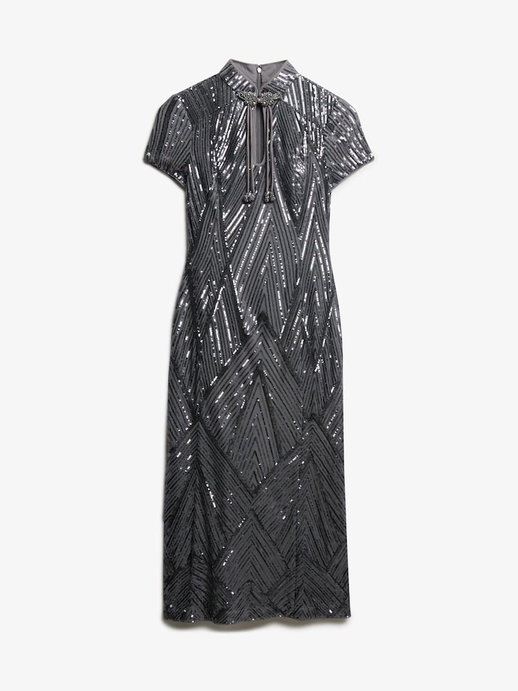 Superdry Grey Mandarin Sequin Midi Dress - Image 1 of 1 Superdry Grey Mandarin Sequin Midi Dress - Image 1 of 1