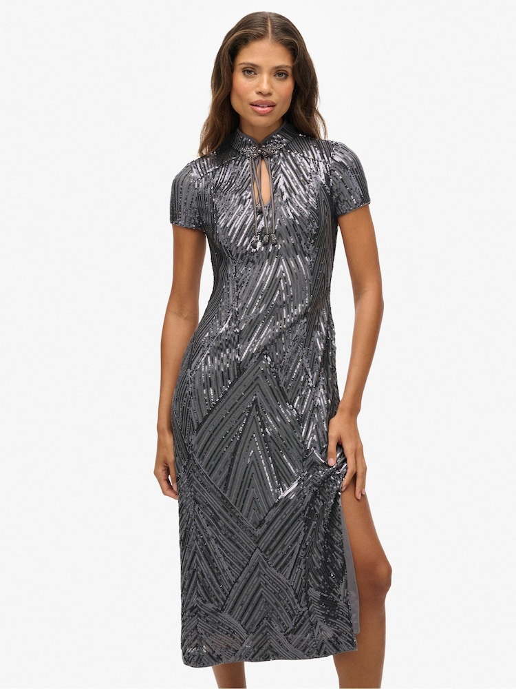superdry silver dress Superdry Mandarin Short Sleeve Midi Dress Grey M Woman