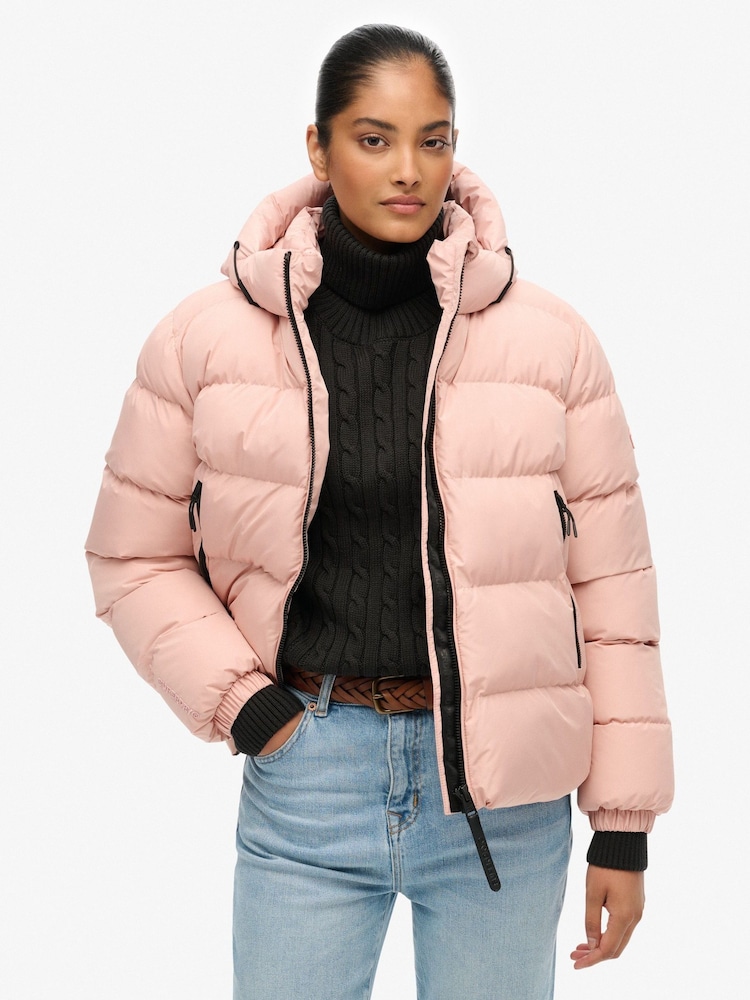 Superdry Pink Hooded Sports Puffer Jacket - Image 2 of 7 Superdry Pink Hooded Sports Puffer Jacket - Image 2 of 7