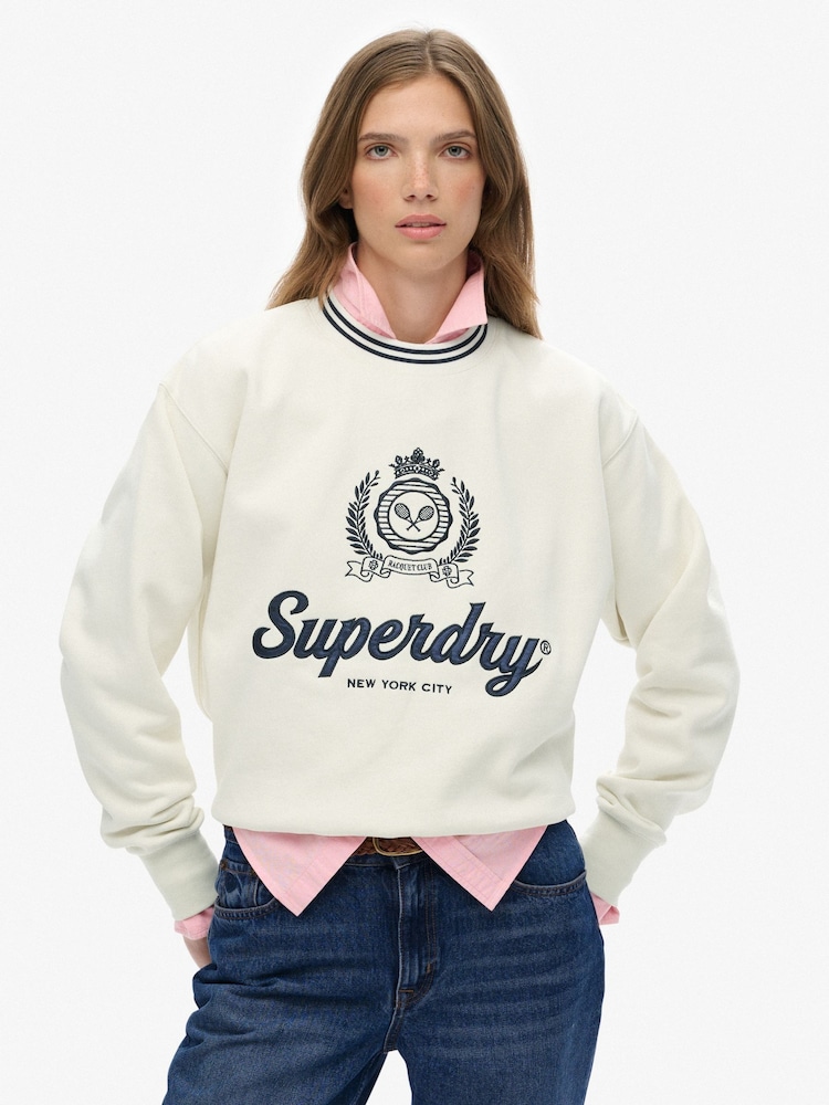 Superdry Cream Country Club Loose Crew Sweatshirt - Image 1 of 6 Superdry Cream Country Club Loose Crew Sweatshirt - Image 1 of 6