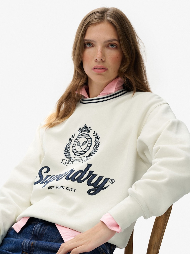 Superdry Cream Country Club Loose Crew Sweatshirt - Image 2 of 6 Superdry Cream Country Club Loose Crew Sweatshirt - Image 2 of 6