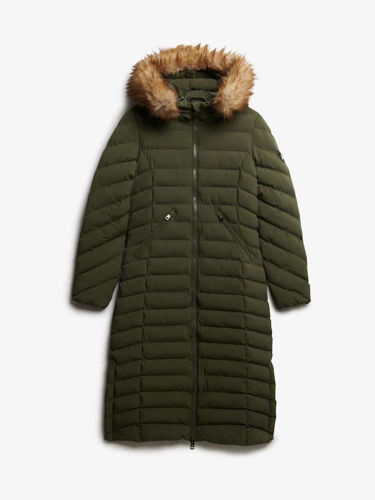 Superdry Green Fuji Faux Fur Hooded Longline Coat - Image 1 of 1 Superdry Green Fuji Faux Fur Hooded Longline Coat - Image 1 of 1