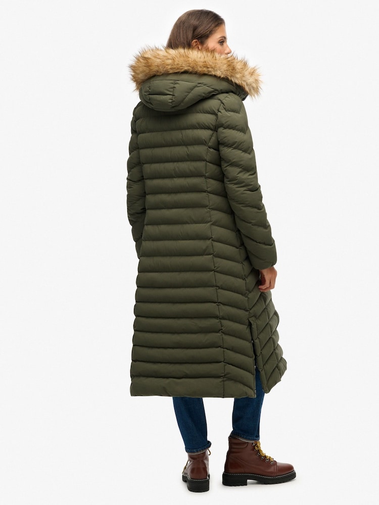 Superdry Green Fuji Faux Fur Hooded Longline Coat - Image 2 of 7 Superdry Green Fuji Faux Fur Hooded Longline Coat - Image 2 of 7