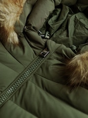 Grün - Superdry Fuji langer Mantel mit Kapuze aus Kunstpelz - Bild 7 von 7