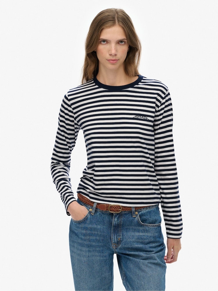 Superdry Blue Essential Logo Stripe Long Sleeve Top - Image 1 of 5 Superdry Blue Essential Logo Stripe Long Sleeve Top - Image 1 of 5
