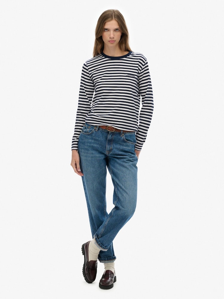 Superdry Blue Essential Logo Stripe Long Sleeve Top - Image 2 of 5 Superdry Blue Essential Logo Stripe Long Sleeve Top - Image 2 of 5