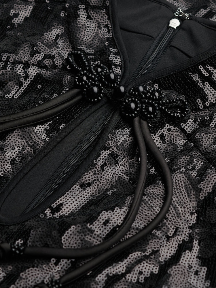 Superdry Black Mandarin Sequin Midi Dress - Image 2 of 2