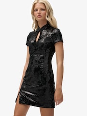 Superdry Black Mandarin Sequin Midi Dress - Image 4 of 7