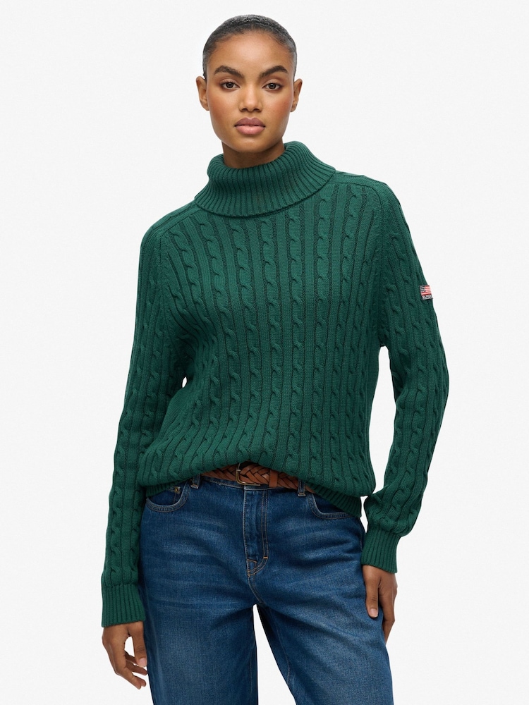 Superdry Green Slouchy Cable Roll Neck Jumper - Image 1 of 6 Superdry Green Slouchy Cable Roll Neck Jumper - Image 1 of 6