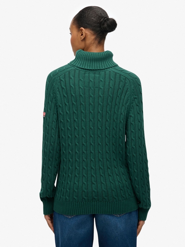 Superdry Green Slouchy Cable Roll Neck Jumper - Image 2 of 6 Superdry Green Slouchy Cable Roll Neck Jumper - Image 2 of 6