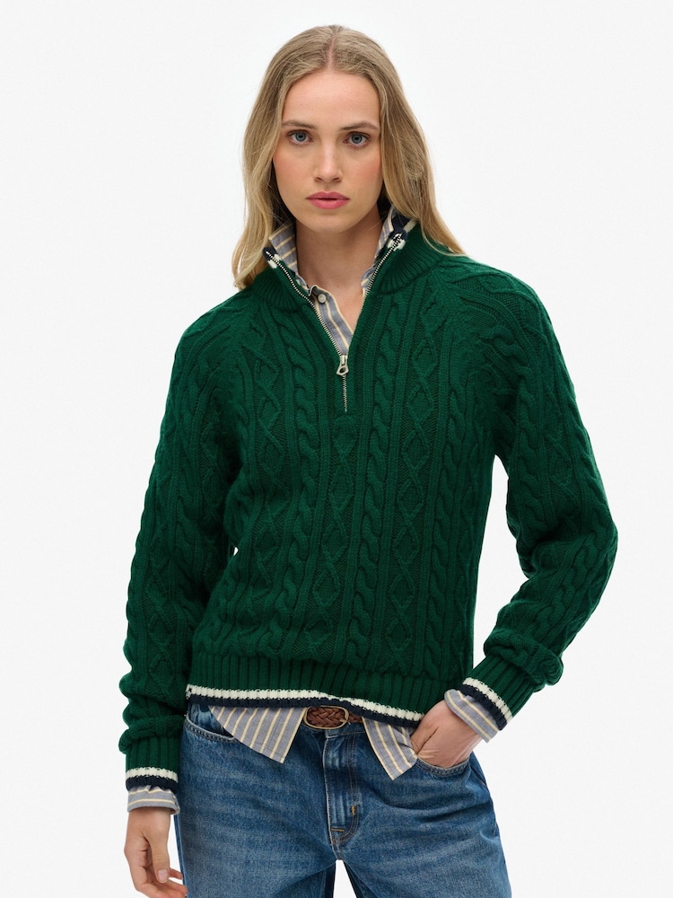 Superdry Green Brushed Cable Roll Neck Jumper - Image 1 of 5 Superdry Green Brushed Cable Roll Neck Jumper - Image 1 of 5