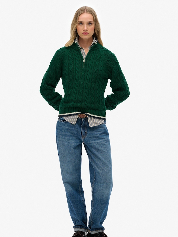 Superdry Green Brushed Cable Roll Neck Jumper - Image 2 of 5 Superdry Green Brushed Cable Roll Neck Jumper - Image 2 of 5