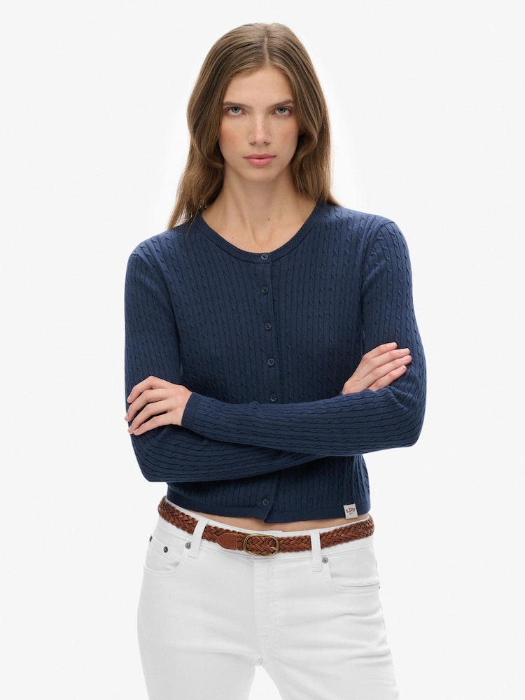 Superdry Blue Micro Cable Cardigan - Image 1 of 5 Superdry Blue Micro Cable Cardigan - Image 1 of 5