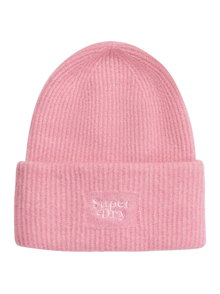 Superdry Pink Soft Rib Knit Beanie Hat - Image 1 of 2 Superdry Pink Soft Rib Knit Beanie Hat - Image 1 of 2