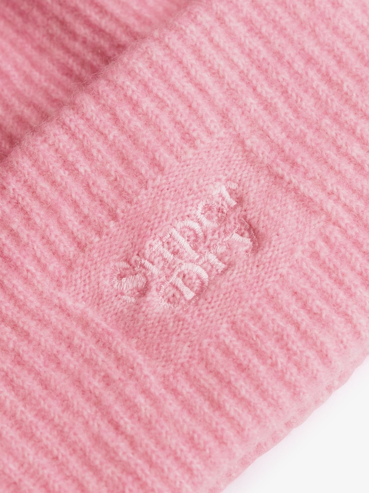 Superdry Pink Soft Rib Knit Beanie Hat - Image 2 of 2 Superdry Pink Soft Rib Knit Beanie Hat - Image 2 of 2