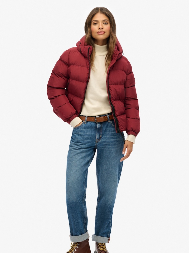 Superdry Red Hooded Sports Puffer Jacket - Image 1 of 6 Superdry Red Hooded Sports Puffer Jacket - Image 1 of 6
