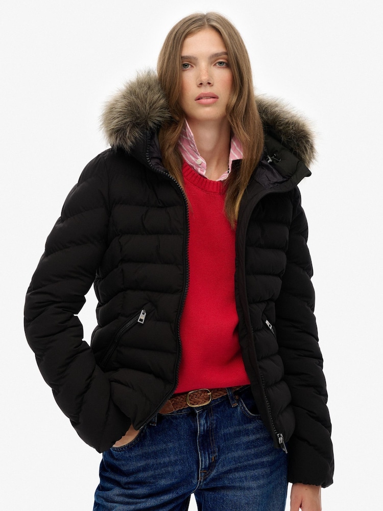 Superdry Black Fuji Faux Fur Hood Padded Jacket - Image 1 of 7