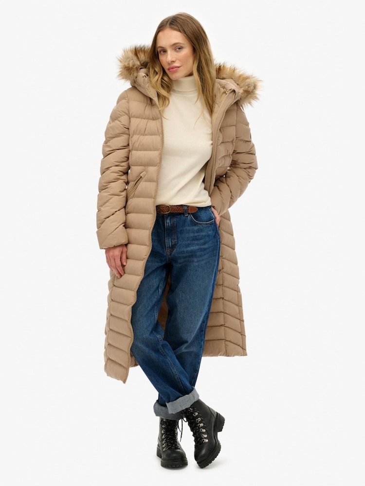 Superdry Brown Fuji Faux Fur Hooded Longline Coat - Image 1 of 7 Superdry Brown Fuji Faux Fur Hooded Longline Coat - Image 1 of 7