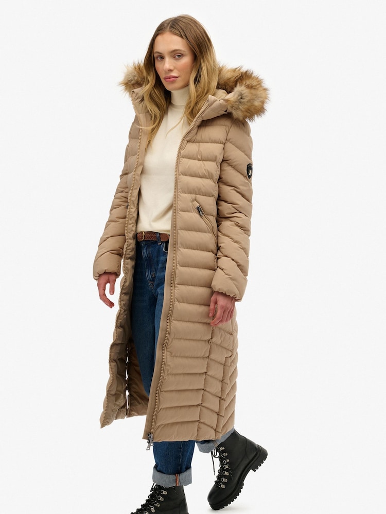 Superdry Brown Fuji Faux Fur Hooded Longline Coat - Image 2 of 7 Superdry Brown Fuji Faux Fur Hooded Longline Coat - Image 2 of 7